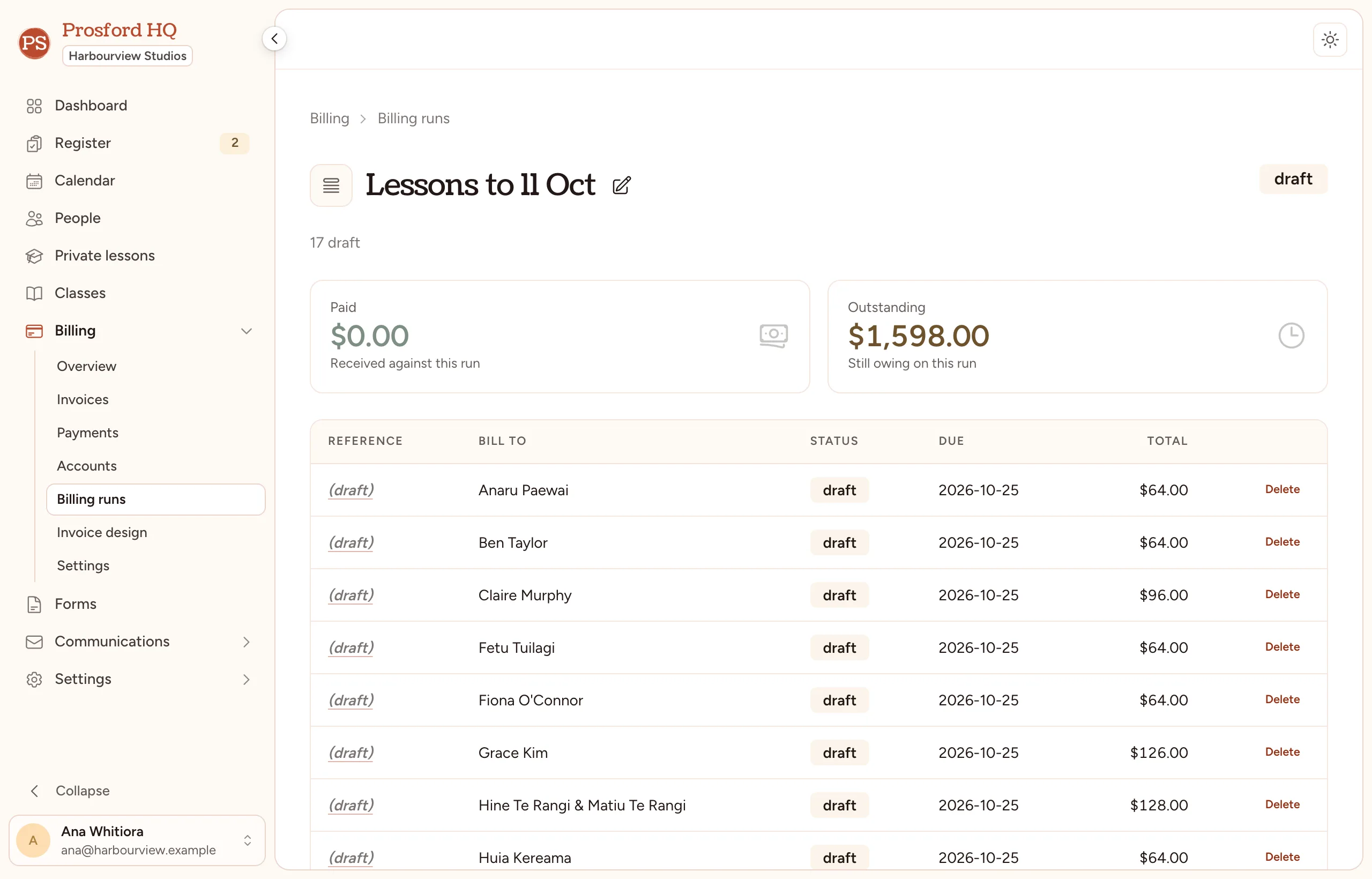 A billing run in Prosford HQ, with a draft invoice for each billing account.