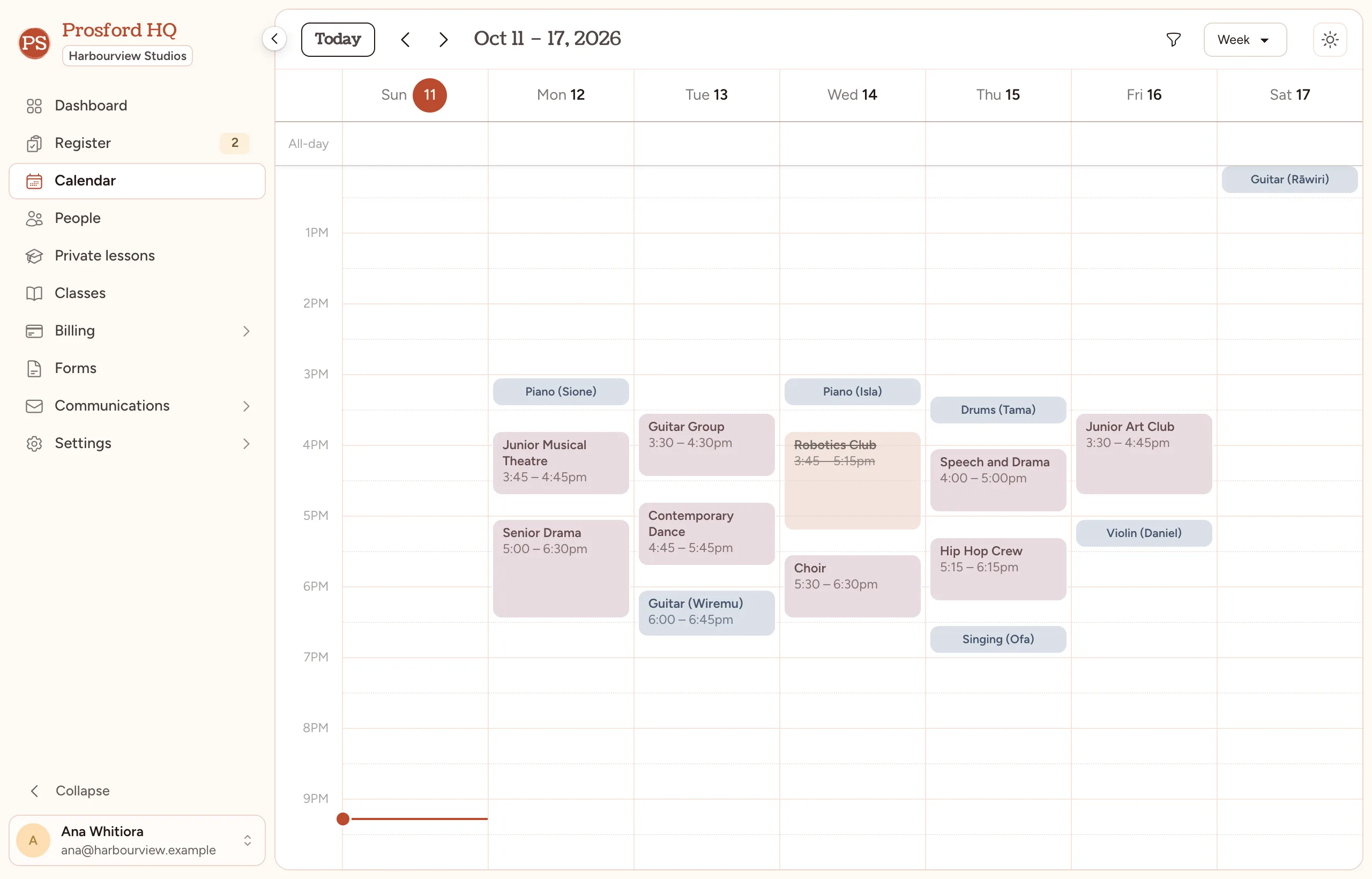 A week on the Prosford HQ calendar, with one-to-one lessons beside the studio's group classes.
