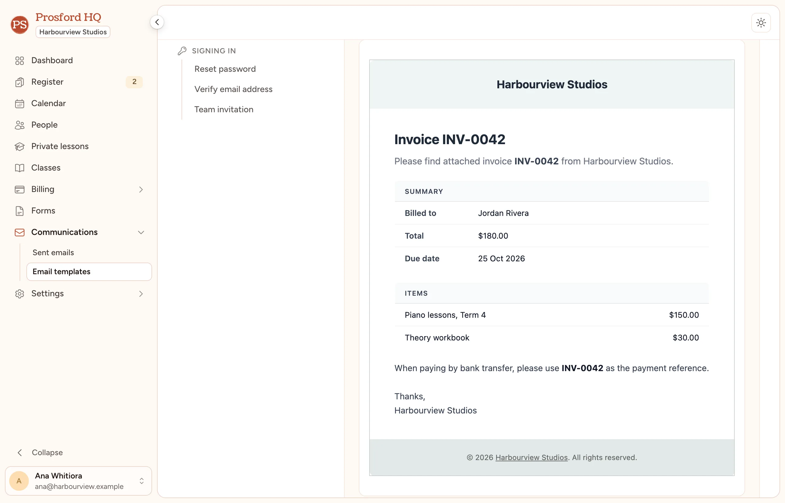 An invoice email previewed in the studio's own colours.