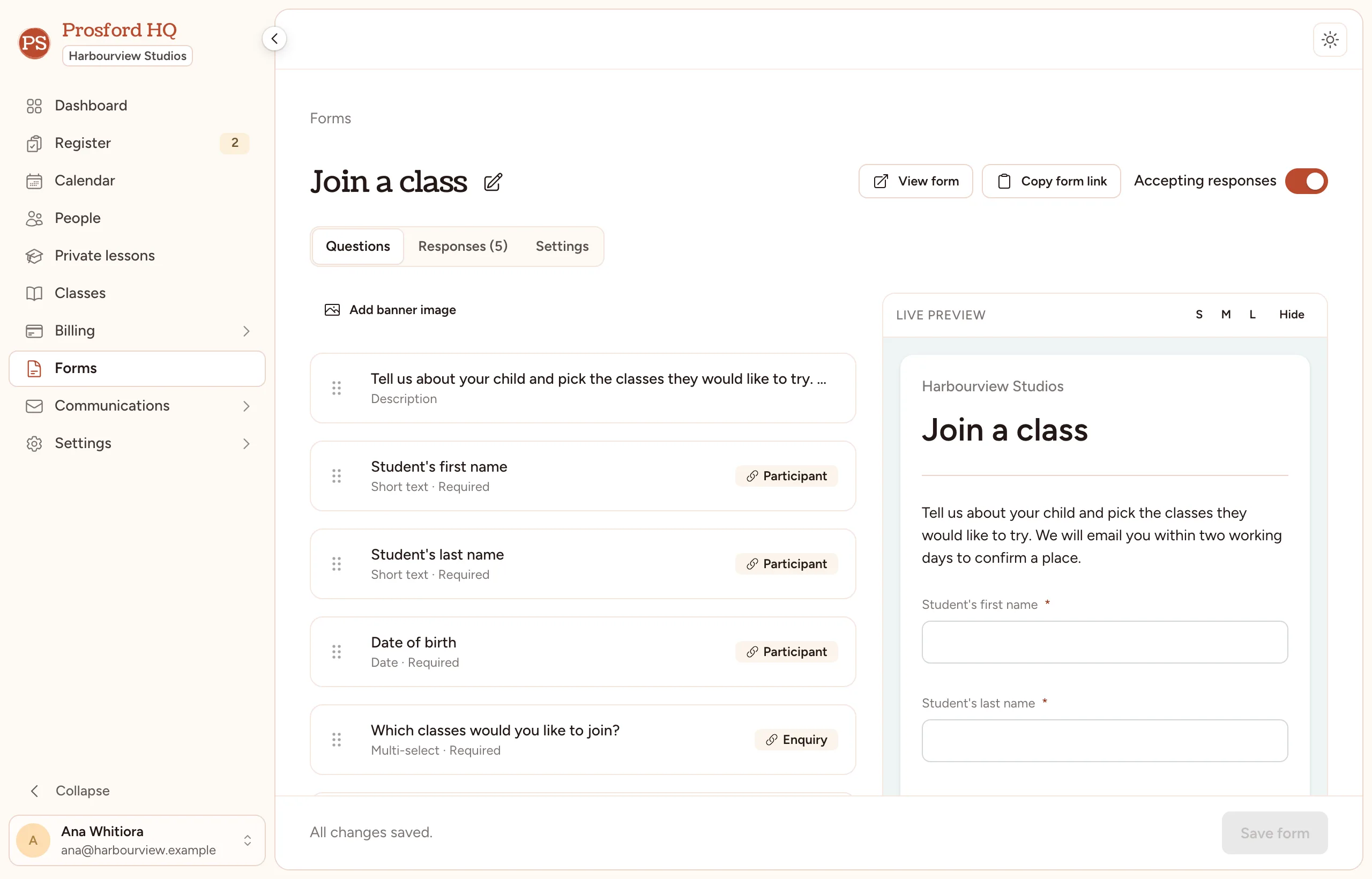 Building an enrolment form in Prosford HQ, with a question linked to the studio's classes.