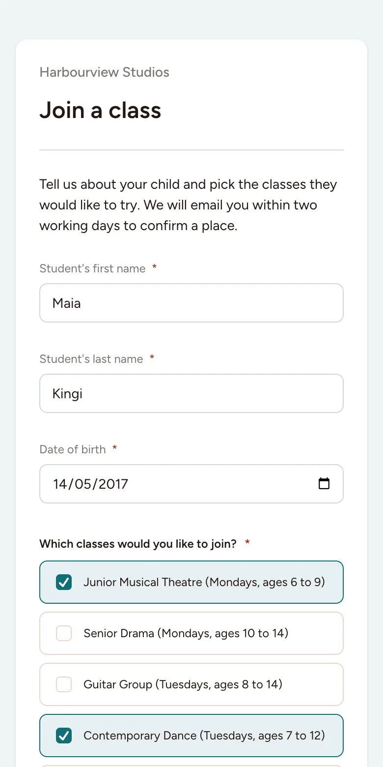 An enrolment form on a phone, in the studio's own colours.