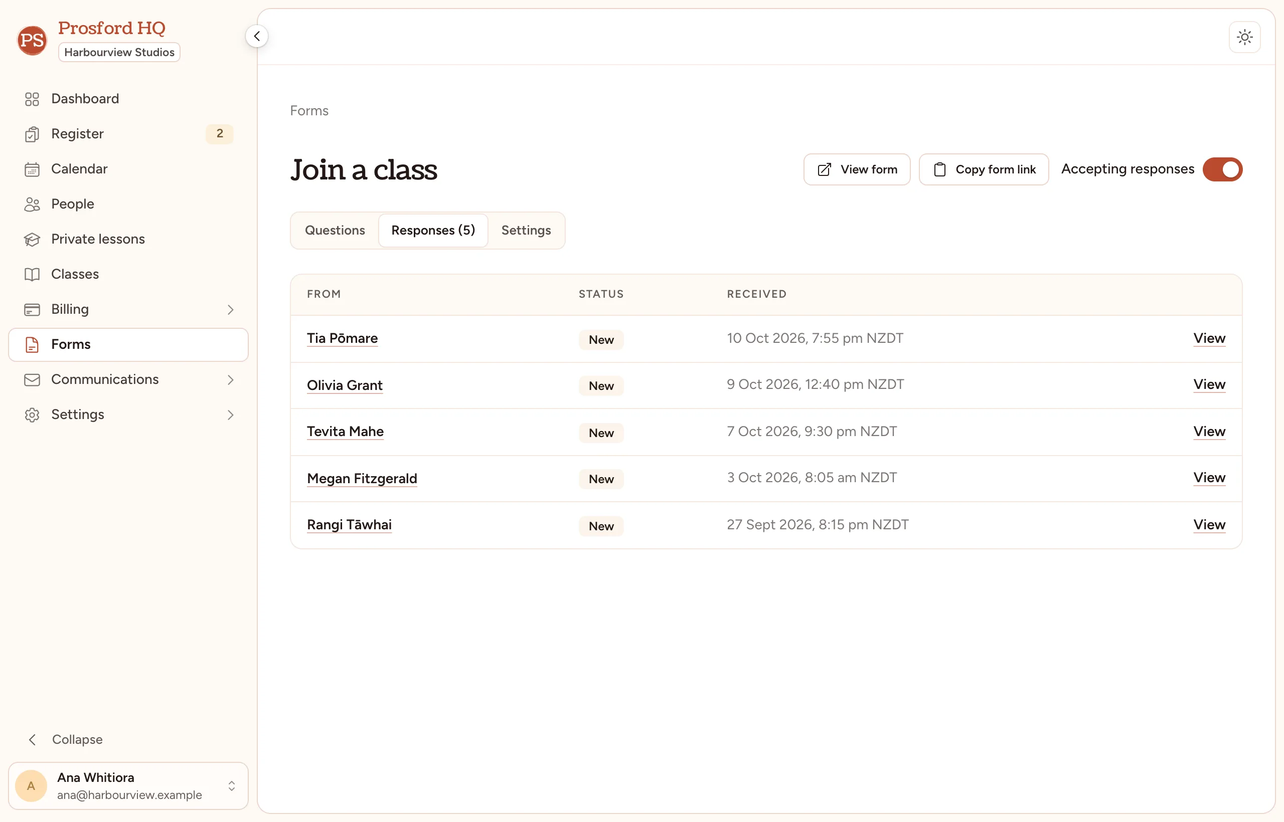 A form's responses, ready to be turned into students and enrolments.