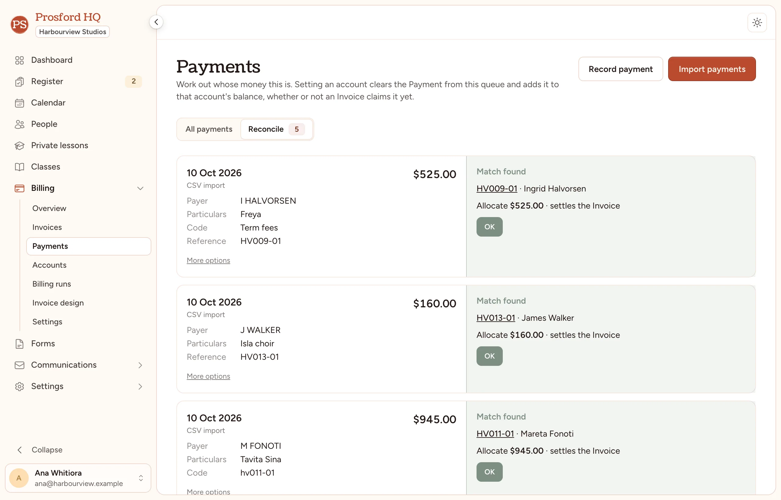 Imported bank payments, each with the invoice it most likely belongs to.