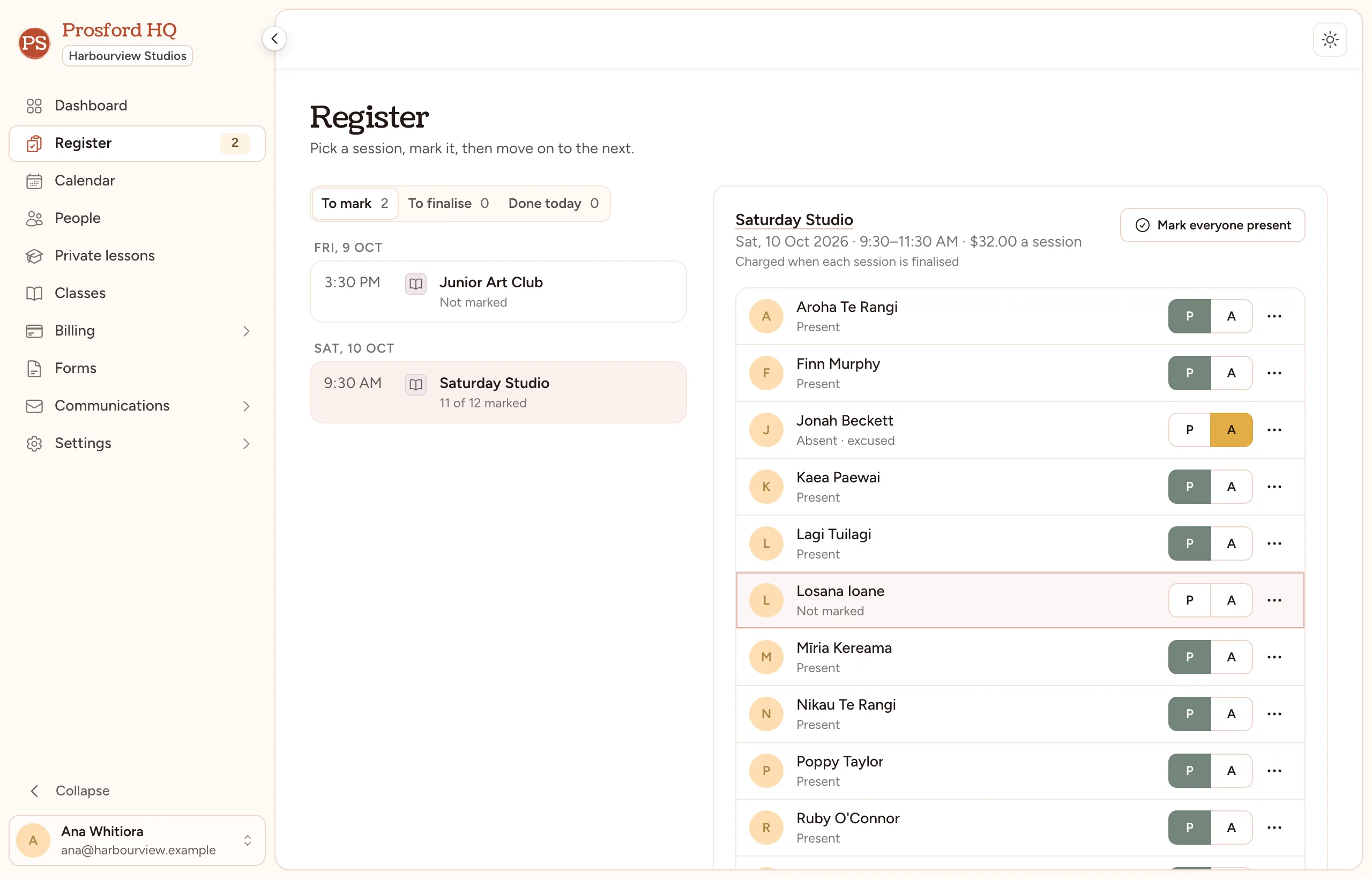 The Prosford HQ register, with a session's students marked present or absent.