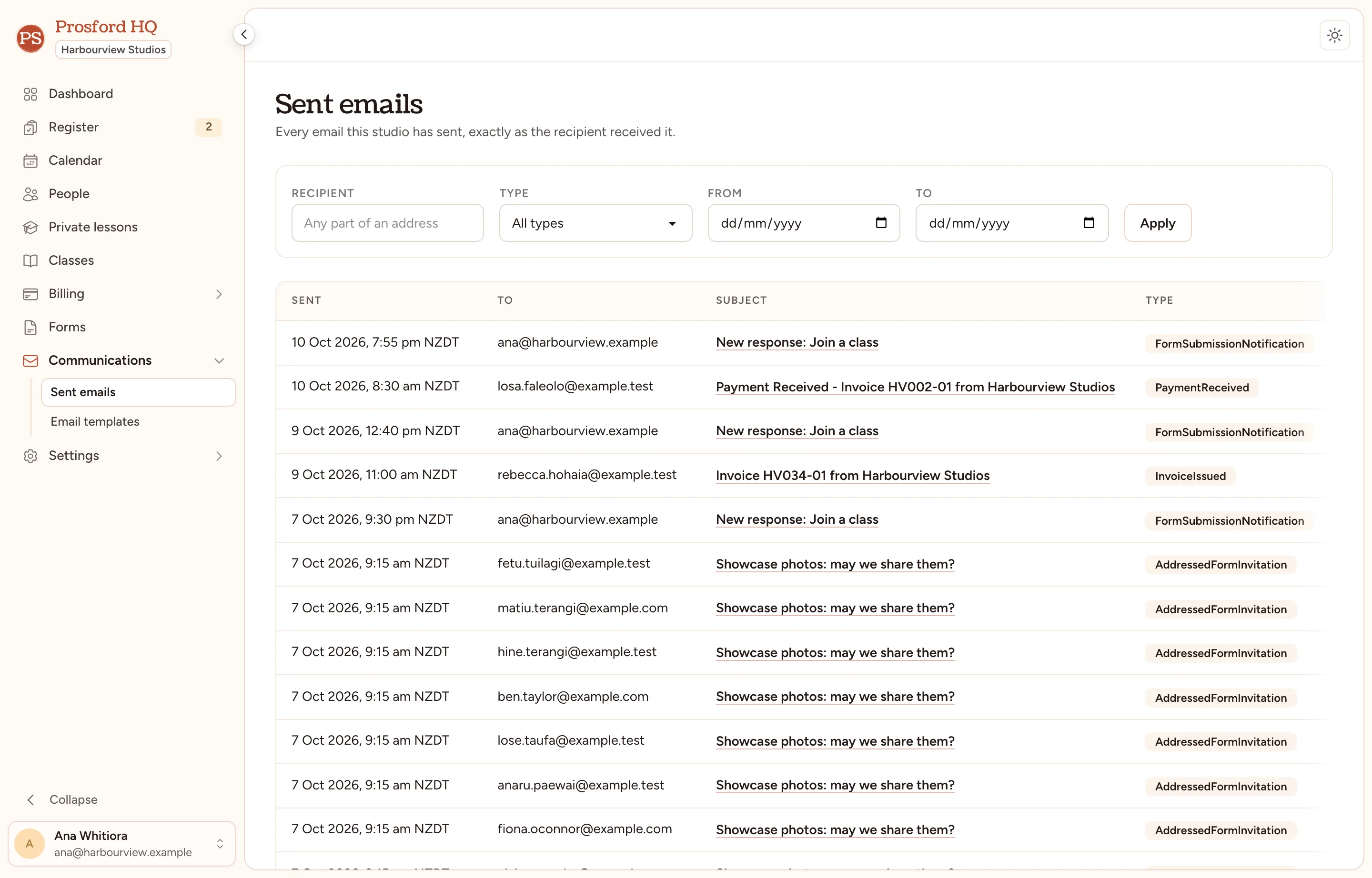 The sent emails list in Prosford HQ, showing who each email went to and when.